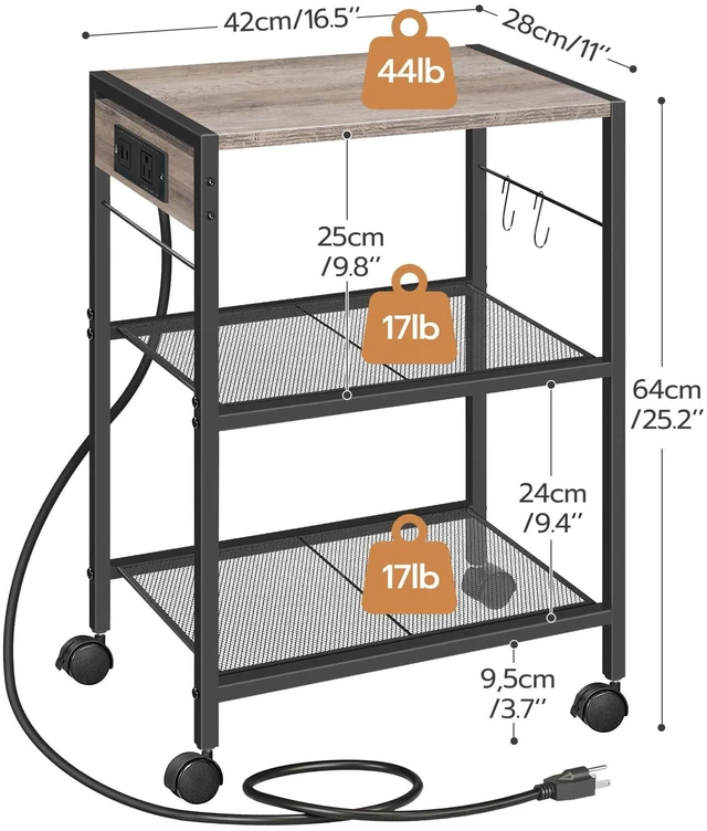 Alt view image 3 of 7 - Industrial Printer Stand, 3-Tier Mobile Printer Table, Rolling Cart with Power Outlets and USB Ports, Home Printer Stand with 2 Hooks, for Office, Living Room, Greige and Black BG22UPS01