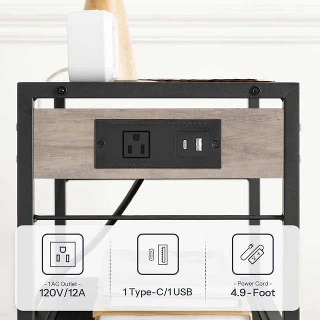 Alt view image 4 of 7 - Industrial Printer Stand, 3-Tier Mobile Printer Table, Rolling Cart with Power Outlets and USB Ports, Home Printer Stand with 2 Hooks, for Office, Living Room, Greige and Black BG22UPS01