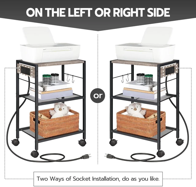 Alt view image 5 of 7 - Industrial Printer Stand, 3-Tier Mobile Printer Table, Rolling Cart with Power Outlets and USB Ports, Home Printer Stand with 2 Hooks, for Office, Living Room, Greige and Black BG22UPS01
