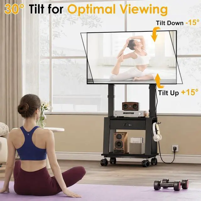Alt view image 2 of 7 - Mobile TV Stand with Drawer for 23-72 Inch TVs, Portable Rolling TV Stand on Wheels with 2 Shelves for Bedroom/Living Room, Holds up to 220 lbs Adjustable Height Tilt Max VESA 600x400mm