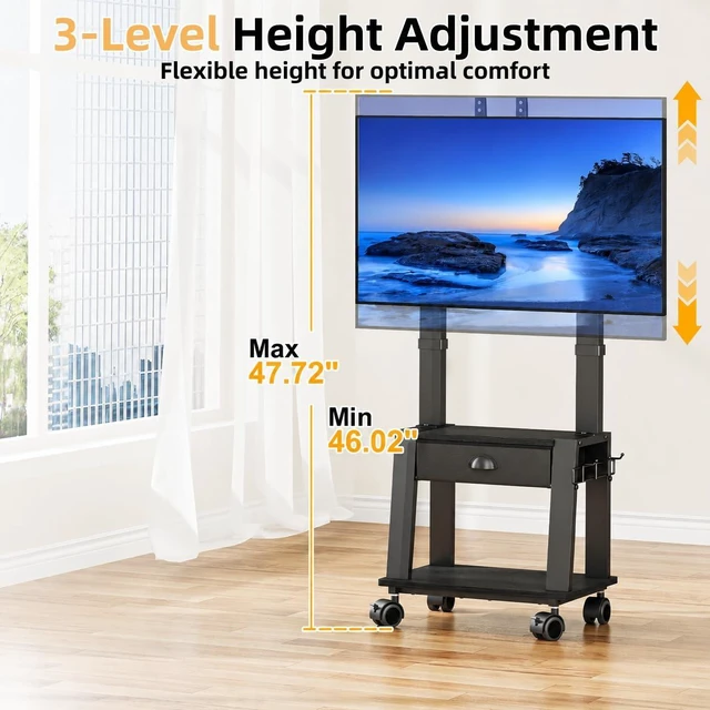 Alt view image 3 of 7 - Mobile TV Stand with Drawer for 23-72 Inch TVs, Portable Rolling TV Stand on Wheels with 2 Shelves for Bedroom/Living Room, Holds up to 220 lbs Adjustable Height Tilt Max VESA 600x400mm