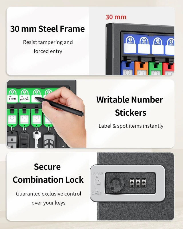 Alt view image 5 of 7 - 32 Keys Key Lock Box, Wall Mount Key Box, Key Cabinet, Car Key Organizer with Writable Key Racks and Tags, Security Key Holder Storage Box for Office, Hotel & Company