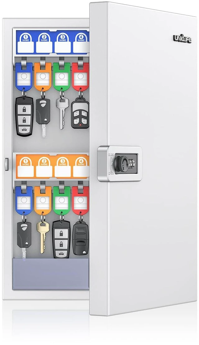 Main image of Key Lock Box, Wall Mount Key Box, Car Key Organizer with Writable Key Racks and Tags, 32-Key Combo Lock, White, Security Key Holder Storage Box for Office, Company