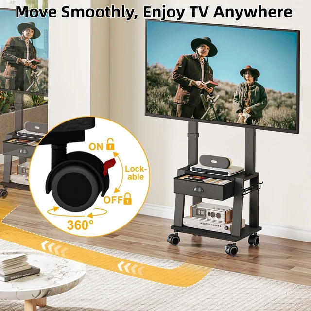 Alt view image 5 of 7 - Mobile TV Stand with Drawer for 23-72 Inch TVs, Portable Rolling TV Stand on Wheels with 2 Shelves for Bedroom/Living Room, Holds up to 220 lbs Adjustable Height Tilt Max VESA 600x400mm