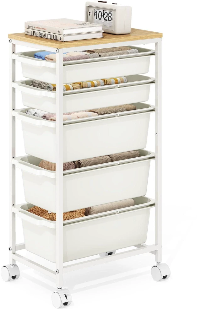 Main image of Slim Rolling Cart with 5 Drawers, Metal Utility Storage Cart | Wooden Tabletop, Lockable Wheels, Table Side Trolley for Bedroom, Children's Room and Office Organization, White