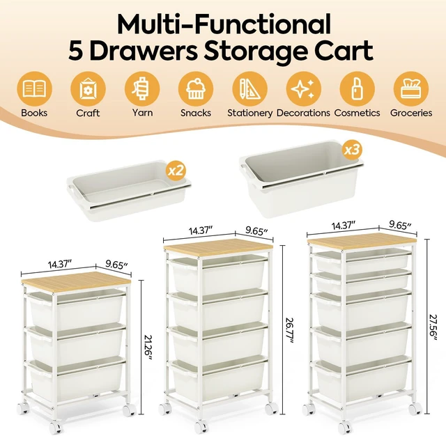Alt view image 2 of 7 - Slim Rolling Cart with 5 Drawers, Metal Utility Storage Cart | Wooden Tabletop, Lockable Wheels, Table Side Trolley for Bedroom, Children's Room and Office Organization, White