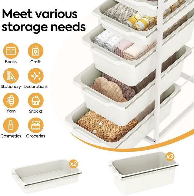 Alt view image 3 of 7 - Slim Rolling Cart with 5 Drawers, Metal Utility Storage Cart | Wooden Tabletop, Lockable Wheels, Table Side Trolley for Bedroom, Children's Room and Office Organization, White