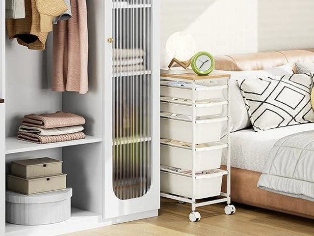 Alt view image 6 of 7 - Slim Rolling Cart with 5 Drawers, Metal Utility Storage Cart | Wooden Tabletop, Lockable Wheels, Table Side Trolley for Bedroom, Children's Room and Office Organization, White