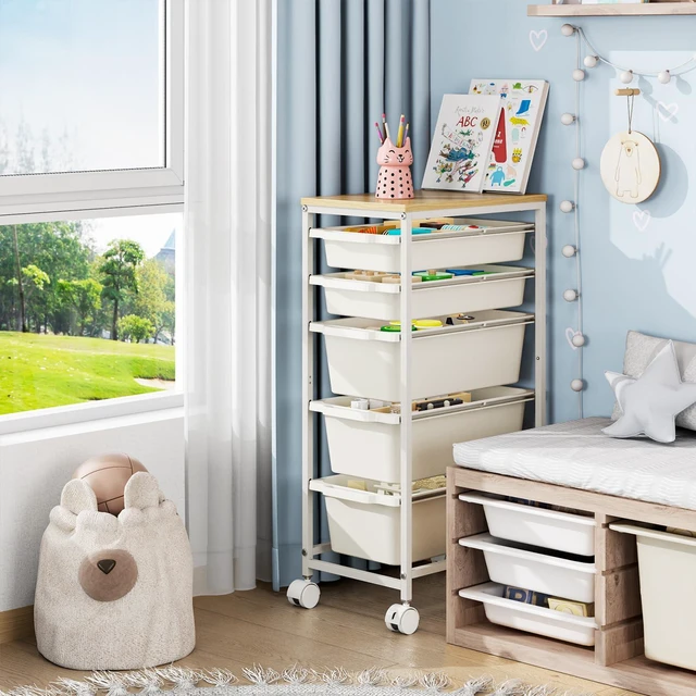 Alt view image 5 of 7 - Slim Rolling Cart with 5 Drawers, Metal Utility Storage Cart | Wooden Tabletop, Lockable Wheels, Table Side Trolley for Bedroom, Children's Room and Office Organization, White
