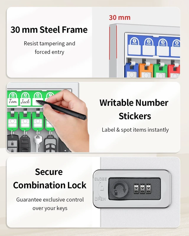 Alt view image 4 of 7 - Key Lock Box, Wall Mount Key Box, Car Key Organizer with Writable Key Racks and Tags, 32-Key Combo Lock, White, Security Key Holder Storage Box for Office, Company