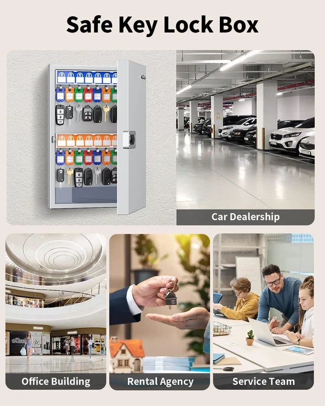 Alt view image 7 of 7 - Key Lock Box, Wall Mount Key Box, Car Key Organizer with Writable Key Racks and Tags, 32-Key Combo Lock, White, Security Key Holder Storage Box for Office, Company