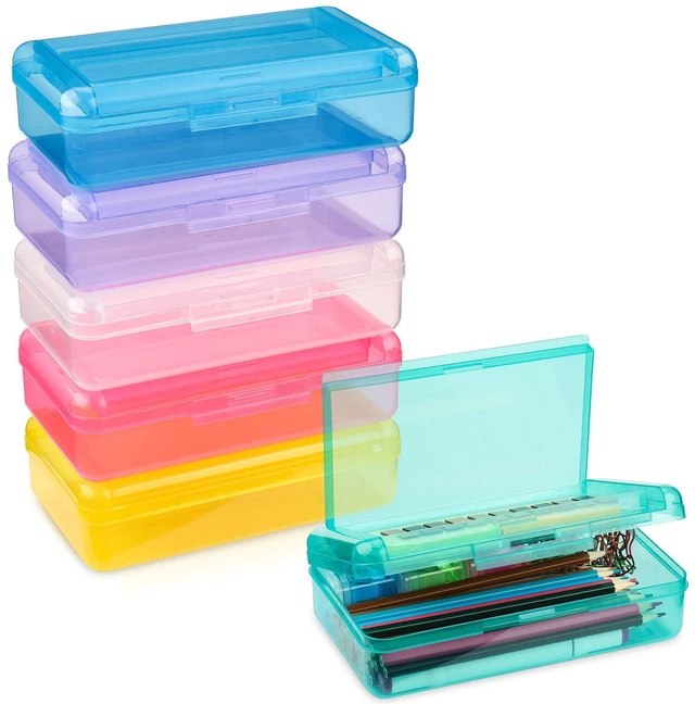 Main image of Pencil Box, Large Capacity Pencil Boxes 2 Compartments, Hard Pencil Case with Snap-tight Lid, Plastic Storage Organizer Box for Girl Boy (Clear, Pink, Yellow, Purple, Blue, Green, 6 Pack)