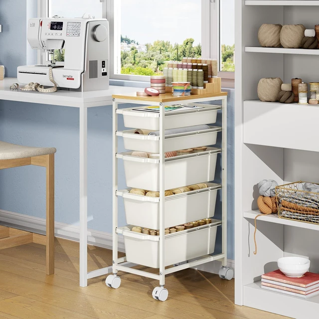 Alt view image 7 of 7 - Slim Rolling Cart with 5 Drawers, Metal Utility Storage Cart | Wooden Tabletop, Lockable Wheels, Table Side Trolley for Bedroom, Children's Room and Office Organization, White
