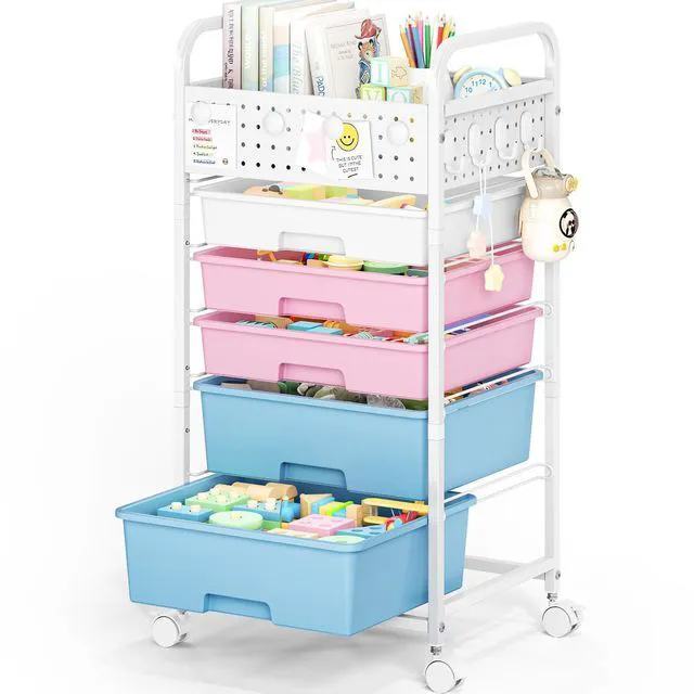Main image of 5 Drawer Rolling Storage Cart with Pegboard Top and Hooks, Pink&Blue Mobile Organizer Cart with Wheels for Office Supplies, Craft Storage, Classroom Organization, Home Utility Cart