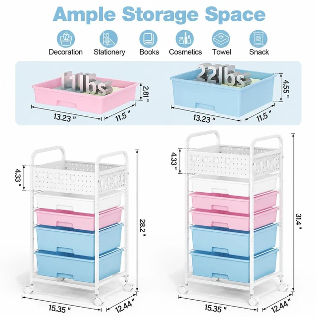 Alt view image 2 of 7 - 5 Drawer Rolling Storage Cart with Pegboard Top and Hooks, Pink&Blue Mobile Organizer Cart with Wheels for Office Supplies, Craft Storage, Classroom Organization, Home Utility Cart