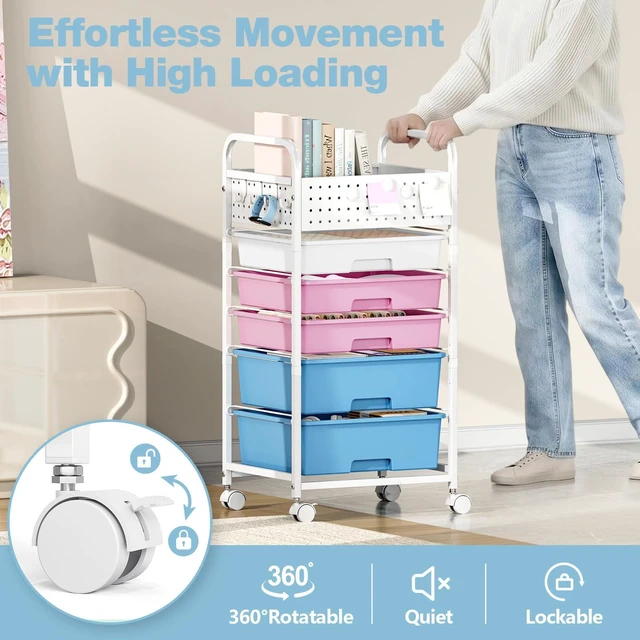 Alt view image 5 of 7 - 5 Drawer Rolling Storage Cart with Pegboard Top and Hooks, Pink&Blue Mobile Organizer Cart with Wheels for Office Supplies, Craft Storage, Classroom Organization, Home Utility Cart