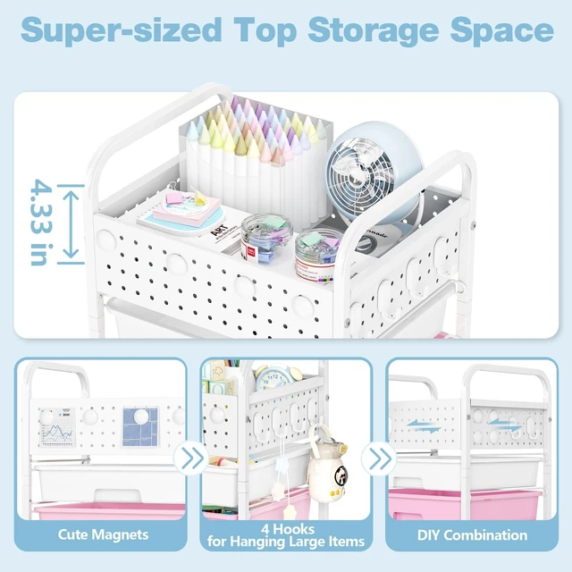 Alt view image 4 of 7 - 5 Drawer Rolling Storage Cart with Pegboard Top and Hooks, Pink&Blue Mobile Organizer Cart with Wheels for Office Supplies, Craft Storage, Classroom Organization, Home Utility Cart
