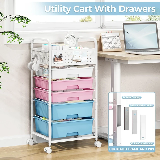 Alt view image 6 of 7 - 5 Drawer Rolling Storage Cart with Pegboard Top and Hooks, Pink&Blue Mobile Organizer Cart with Wheels for Office Supplies, Craft Storage, Classroom Organization, Home Utility Cart