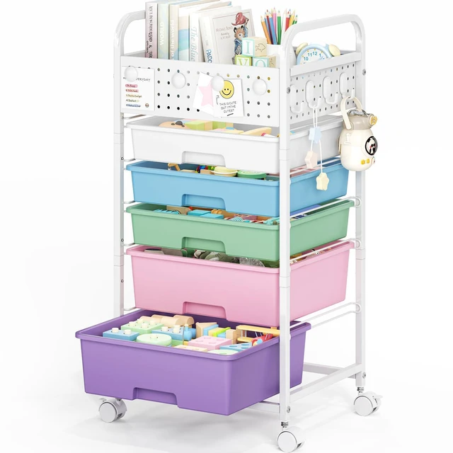 Main image of 5 Drawer Rolling Storage Cart with Pegboard Top and Hooks, Ice Cream Mobile Organizer Cart with Wheels for Office Supplies, Craft Storage, Classroom Organization, Home Utility Cart