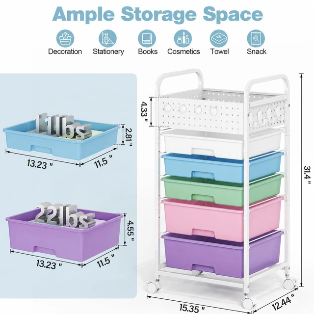 Alt view image 2 of 7 - 5 Drawer Rolling Storage Cart with Pegboard Top and Hooks, Ice Cream Mobile Organizer Cart with Wheels for Office Supplies, Craft Storage, Classroom Organization, Home Utility Cart