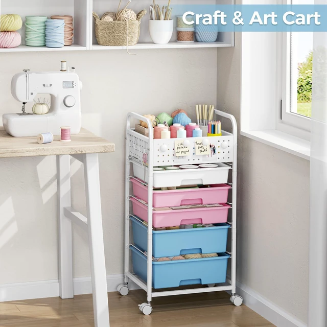 Alt view image 7 of 7 - 5 Drawer Rolling Storage Cart with Pegboard Top and Hooks, Pink&Blue Mobile Organizer Cart with Wheels for Office Supplies, Craft Storage, Classroom Organization, Home Utility Cart
