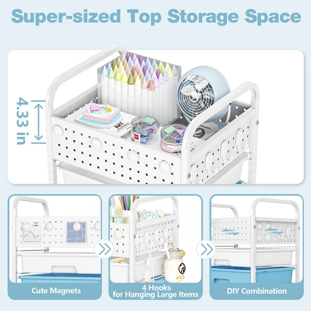 Alt view image 4 of 7 - 5 Drawer Rolling Storage Cart with Pegboard Top and Hooks, Ice Cream Mobile Organizer Cart with Wheels for Office Supplies, Craft Storage, Classroom Organization, Home Utility Cart