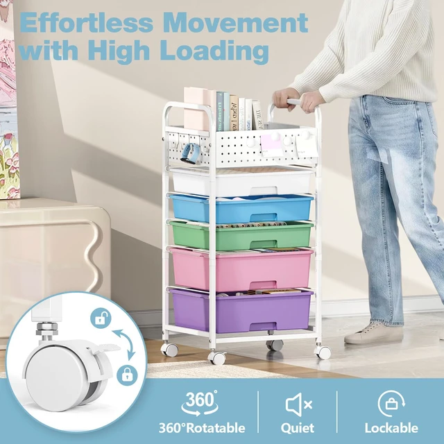 Alt view image 5 of 7 - 5 Drawer Rolling Storage Cart with Pegboard Top and Hooks, Ice Cream Mobile Organizer Cart with Wheels for Office Supplies, Craft Storage, Classroom Organization, Home Utility Cart