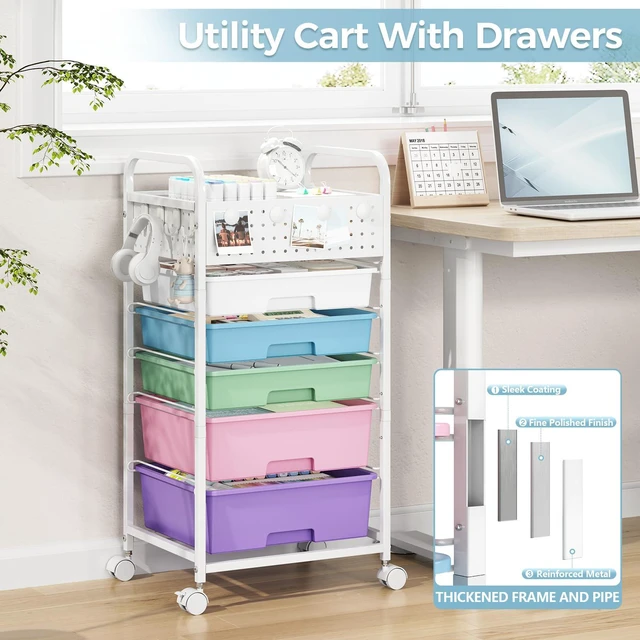 Alt view image 6 of 7 - 5 Drawer Rolling Storage Cart with Pegboard Top and Hooks, Ice Cream Mobile Organizer Cart with Wheels for Office Supplies, Craft Storage, Classroom Organization, Home Utility Cart