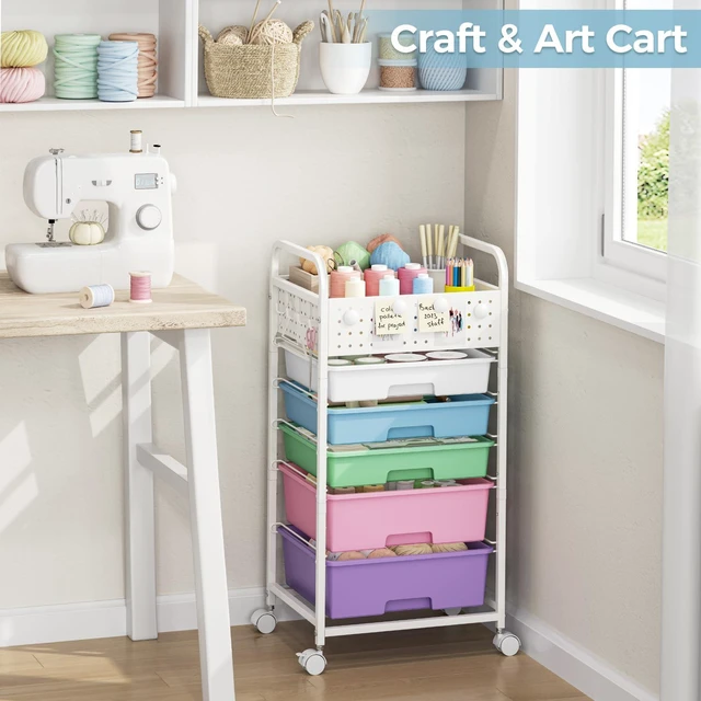 Alt view image 7 of 7 - 5 Drawer Rolling Storage Cart with Pegboard Top and Hooks, Ice Cream Mobile Organizer Cart with Wheels for Office Supplies, Craft Storage, Classroom Organization, Home Utility Cart