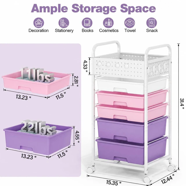Alt view image 2 of 7 - 5 Drawer Rolling Storage Cart with Pegboard Top and Hooks, Dreamy Color Mobile Organizer Cart with Wheels for Office Supplies, Craft Storage, Classroom Organization, Home Utility Cart