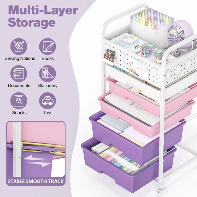 Alt view image 3 of 7 - 5 Drawer Rolling Storage Cart with Pegboard Top and Hooks, Dreamy Color Mobile Organizer Cart with Wheels for Office Supplies, Craft Storage, Classroom Organization, Home Utility Cart