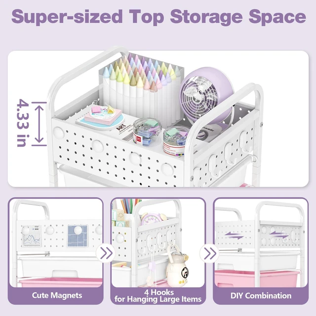 Alt view image 4 of 7 - 5 Drawer Rolling Storage Cart with Pegboard Top and Hooks, Dreamy Color Mobile Organizer Cart with Wheels for Office Supplies, Craft Storage, Classroom Organization, Home Utility Cart