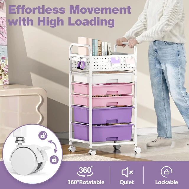 Alt view image 5 of 7 - 5 Drawer Rolling Storage Cart with Pegboard Top and Hooks, Dreamy Color Mobile Organizer Cart with Wheels for Office Supplies, Craft Storage, Classroom Organization, Home Utility Cart