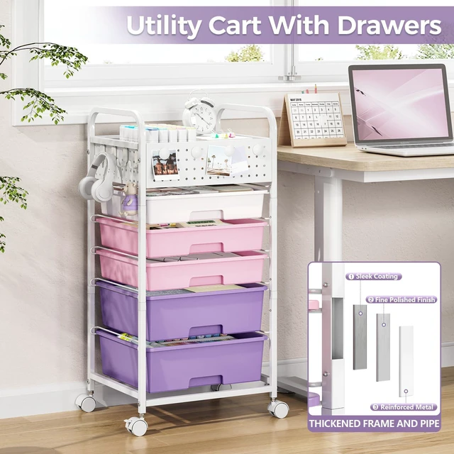 Alt view image 6 of 7 - 5 Drawer Rolling Storage Cart with Pegboard Top and Hooks, Dreamy Color Mobile Organizer Cart with Wheels for Office Supplies, Craft Storage, Classroom Organization, Home Utility Cart