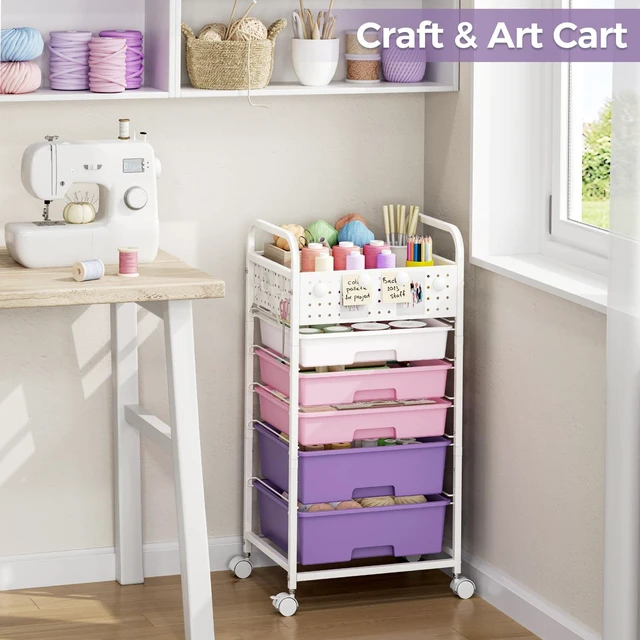 Alt view image 7 of 7 - 5 Drawer Rolling Storage Cart with Pegboard Top and Hooks, Dreamy Color Mobile Organizer Cart with Wheels for Office Supplies, Craft Storage, Classroom Organization, Home Utility Cart