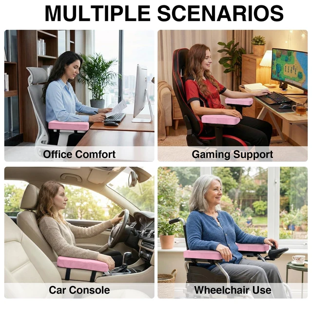Alt view image 7 of 7 - Memory Foam Office Chair Armrest Pads, Non-Slip Armrest Cushion Ergonomic Arm Rest Pads with Adjustable Buckles and Straps, Elbow Relief for Desk, Gaming & Wheelchair, Pink, Set of 2