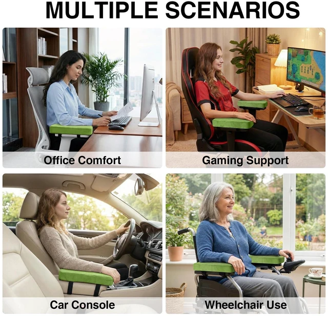 Alt view image 7 of 7 - Memory Foam Office Chair Armrest Pads, Non-Slip Armrest Cushion Ergonomic Arm Rest Pads with Adjustable Buckles and Straps, Elbow Relief for Desk, Gaming & Wheelchair, Green, Set of 2