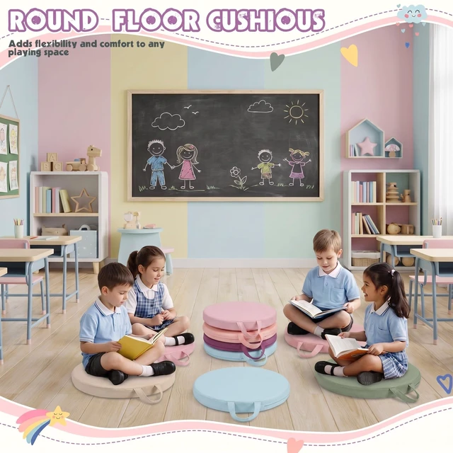 Alt view image 6 of 7 - 12 Pcs Classroom Floor Cushions for Kids,Vivid Color,Round Flexible Classroom Seating for Kindergarten Daycare Nursery, Floor Cushion with Handle, Floor Cushions for Sitting Reading