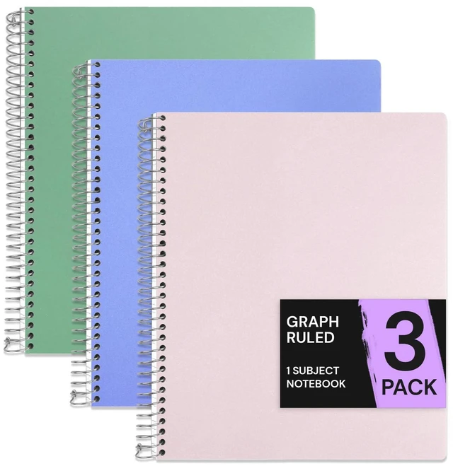 Main image of 1 Subject Graph Paper Spiral Notebook 3 Pack, 200 Pages 100 Sheets, 9 x 11 in, Waterproof Plastic Cover, Durable, 3-Hole Punched, Divider, Double-Sided Pocket: Amazon.com