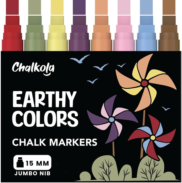 Main image of 8 Jumbo Car Window Markers Washable for Auto - 15mm Pastel Chalk Pens 8 Earth Color, Chalk Markers for Chalkboard, Glass, Blackboard, Whiteboard, Bistro - Loved by Teachers, Artists, Businesses