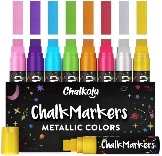 Main image of 15mm 8 Metallic Window Chalk Markers Washable For Cars - Liquid Chalk Pens Erasable Chalkboard Markers for Blackboard, Glass, Restaurant, Wedding, Bistro Menu - Wet Wipe Erasable - 15mm Jumbo Nib