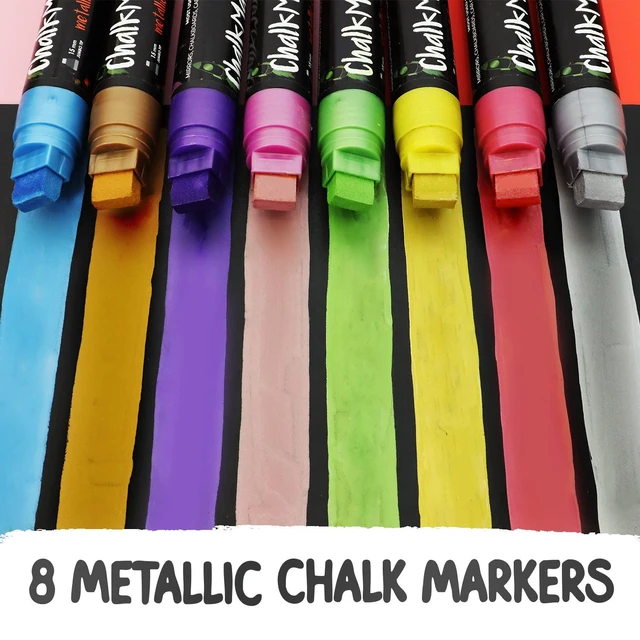 Alt view image 2 of 7 - 15mm 8 Metallic Window Chalk Markers Washable For Cars - Liquid Chalk Pens Erasable Chalkboard Markers for Blackboard, Glass, Restaurant, Wedding, Bistro Menu - Wet Wipe Erasable - 15mm Jumbo Nib
