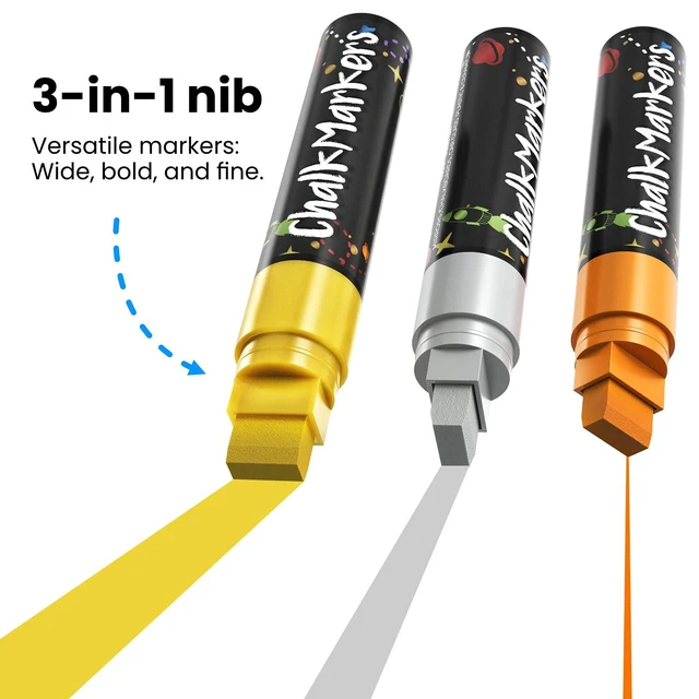 Alt view image 3 of 7 - 15mm 8 Metallic Window Chalk Markers Washable For Cars - Liquid Chalk Pens Erasable Chalkboard Markers for Blackboard, Glass, Restaurant, Wedding, Bistro Menu - Wet Wipe Erasable - 15mm Jumbo Nib