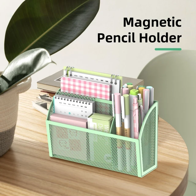 Alt view image 2 of 7 - 3-Grid Magnetic Pencil Holder, Strong Magnet Locker Organizer, Mint Green Mesh Magnetic Shelf, Marker Holder Perfect for Whiteboard, Refrigerator and Locker Accessories