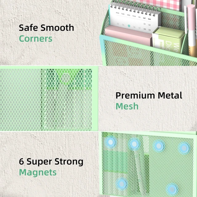 Alt view image 4 of 7 - 3-Grid Magnetic Pencil Holder, Strong Magnet Locker Organizer, Mint Green Mesh Magnetic Shelf, Marker Holder Perfect for Whiteboard, Refrigerator and Locker Accessories