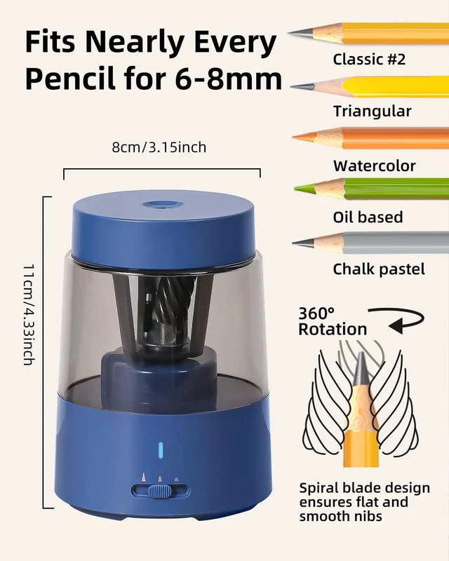 Alt view image 2 of 7 - Rechargeable Electric Pencil Sharpener, Auto Stop,Blue Suitable for No.2/Colored (6-8mm), Fast Sharpen,3 Adjustable Modes,Automatic for Teachers/Classroom/Office/Home/Art Studio