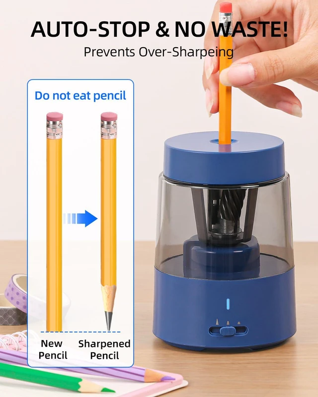 Alt view image 4 of 7 - Rechargeable Electric Pencil Sharpener, Auto Stop,Blue Suitable for No.2/Colored (6-8mm), Fast Sharpen,3 Adjustable Modes,Automatic for Teachers/Classroom/Office/Home/Art Studio