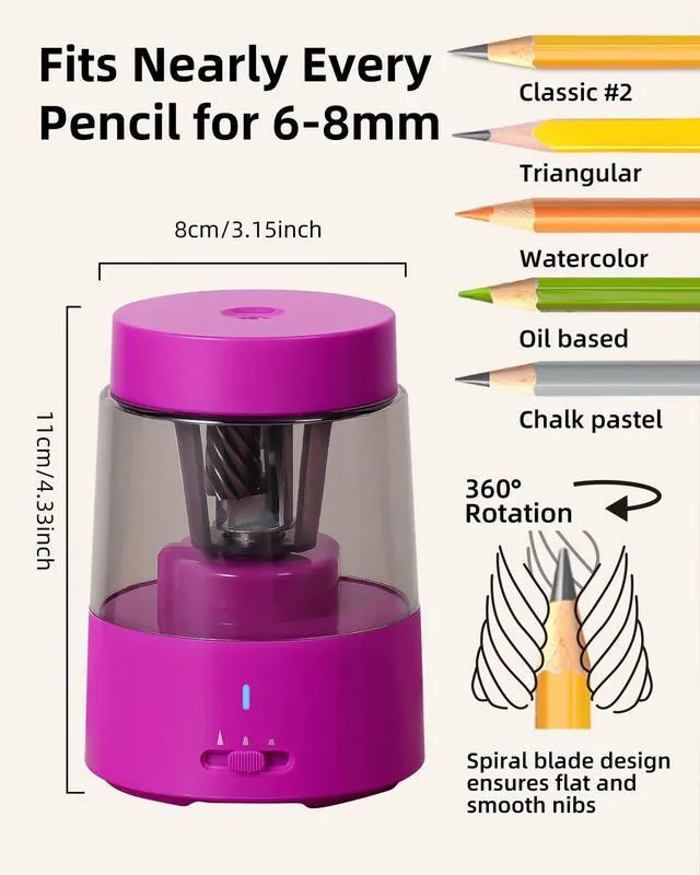 Alt view image 2 of 7 - Rechargeable Electric Pencil Sharpener, Auto Stop,Pink Suitable for No.2/Colored (6-8mm), Fast Sharpen,3 Adjustable Modes,Automatic for Teachers/Classroom/Office/Home/Art Studio