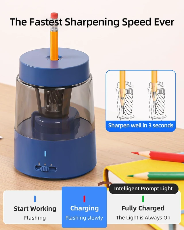 Alt view image 6 of 7 - Rechargeable Electric Pencil Sharpener, Auto Stop,Blue Suitable for No.2/Colored (6-8mm), Fast Sharpen,3 Adjustable Modes,Automatic for Teachers/Classroom/Office/Home/Art Studio