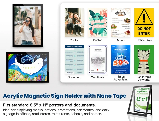 Alt view image 2 of 7 - Acrylic Sign Holder 8.5 x 11 Wall Mount, Magnetic Sign Holder, Black Magnetic Display Frame, Self-Adhesive Nano Tape, Clear Acrylic Sign Holder, Wall Mount for Glass Doors, 20 Pack